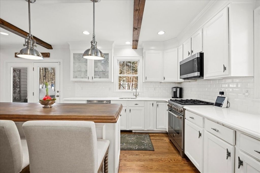 Interior, Kitchen, Pendant Lights, Recessed Lighting, Stainless Steel Appliances, Wooden Beams, Wood Texture Flooring