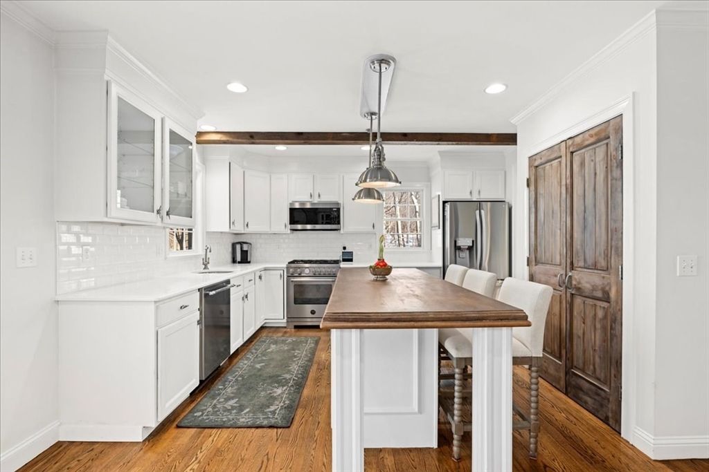 Interior, Kitchen, Pendant Lights, Recessed Lighting, Stainless Steel Appliances, Wood Texture Flooring