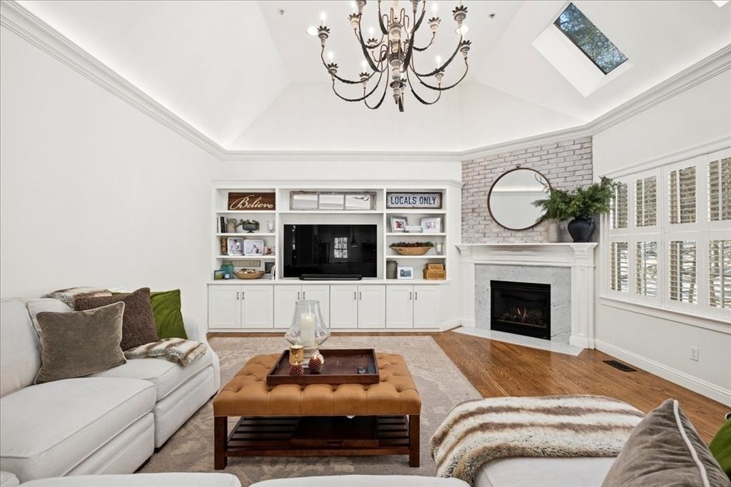 Chandelier, Fireplace, Interior, Living room, Stone Walls, Wood Texture Flooring