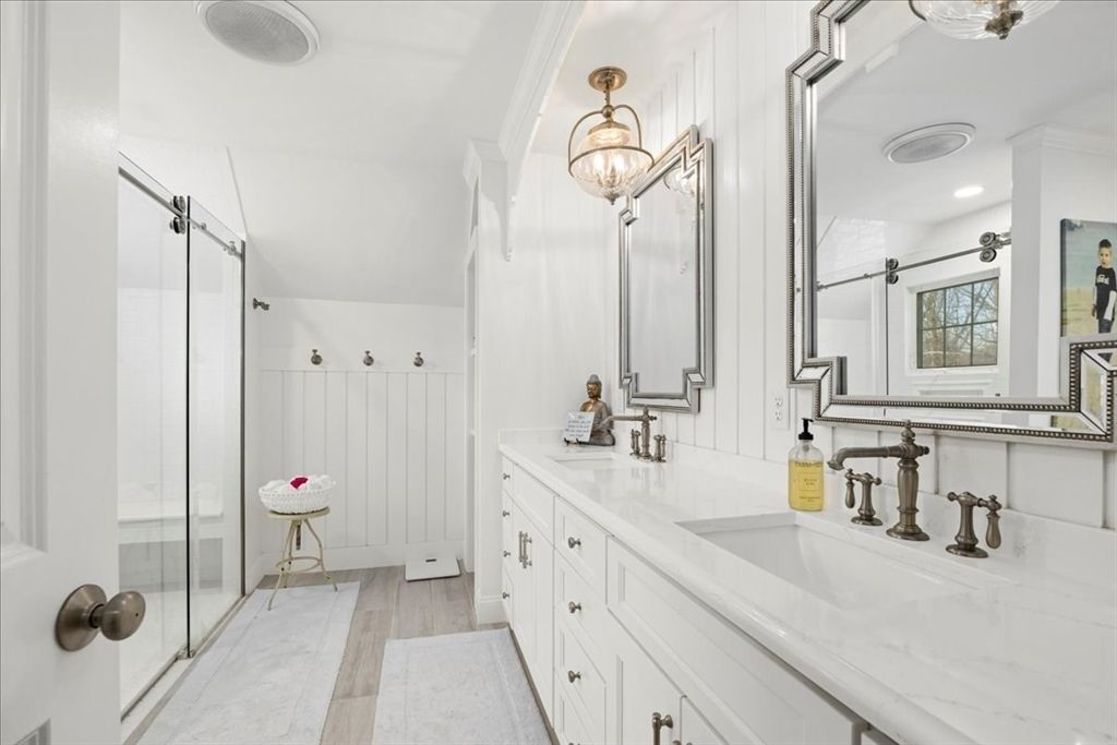 Bathroom, Dual Sink Vanities, Glass Shower, Interior, Recessed Lighting, Wood Texture Flooring