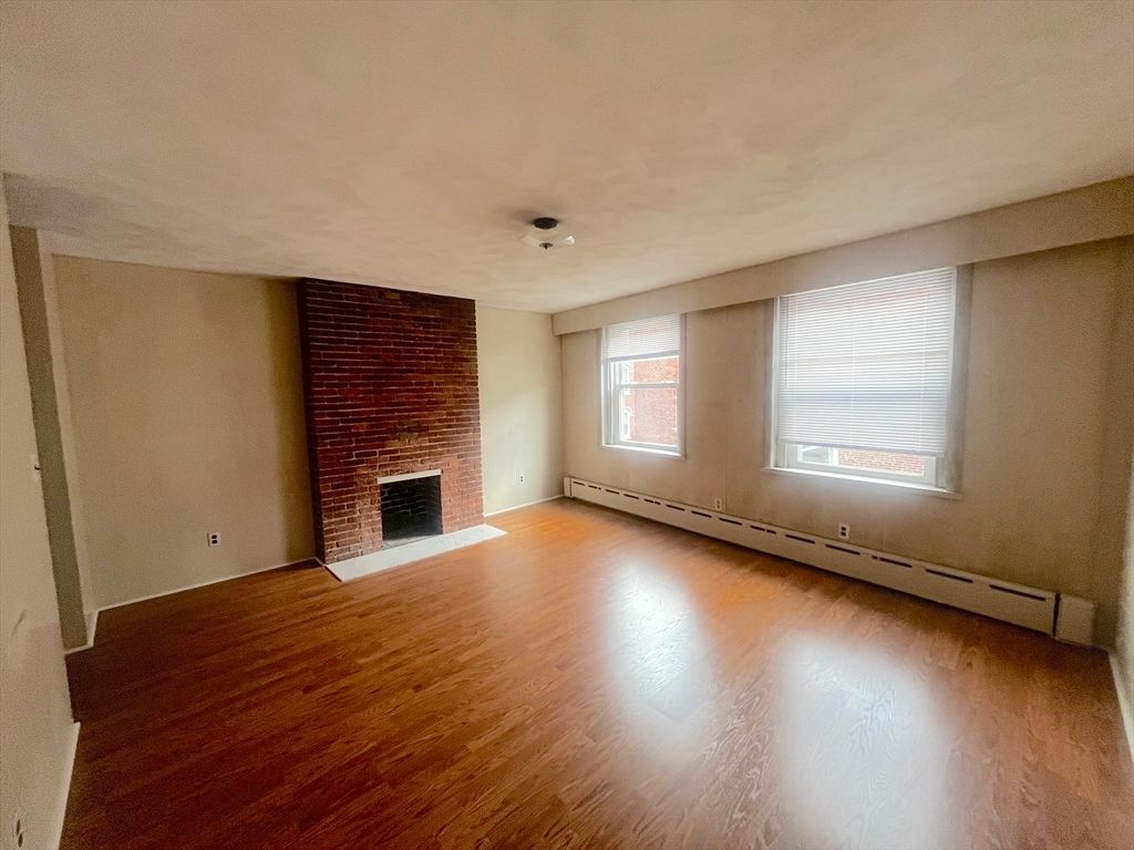 Empty room, Fireplace, Interior, Stone Walls, Wood Texture Flooring