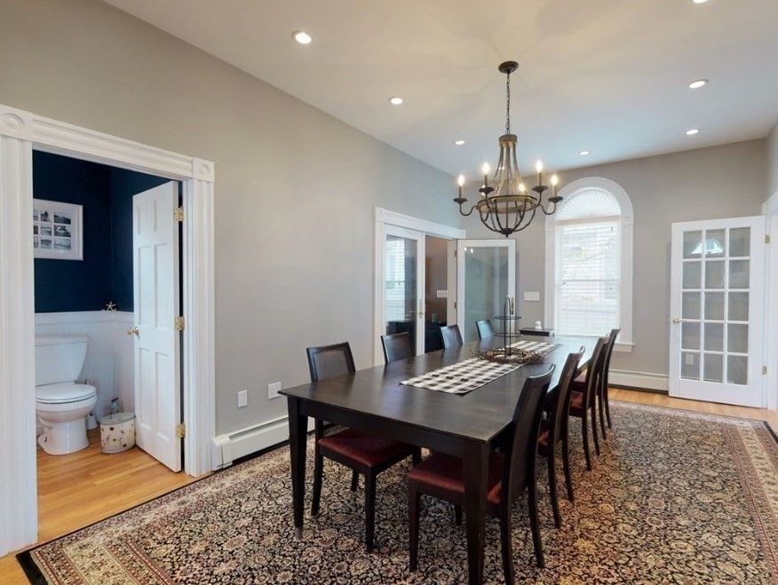 Chandelier, Dining room, Interior, Recessed Lighting, Wood Texture Flooring