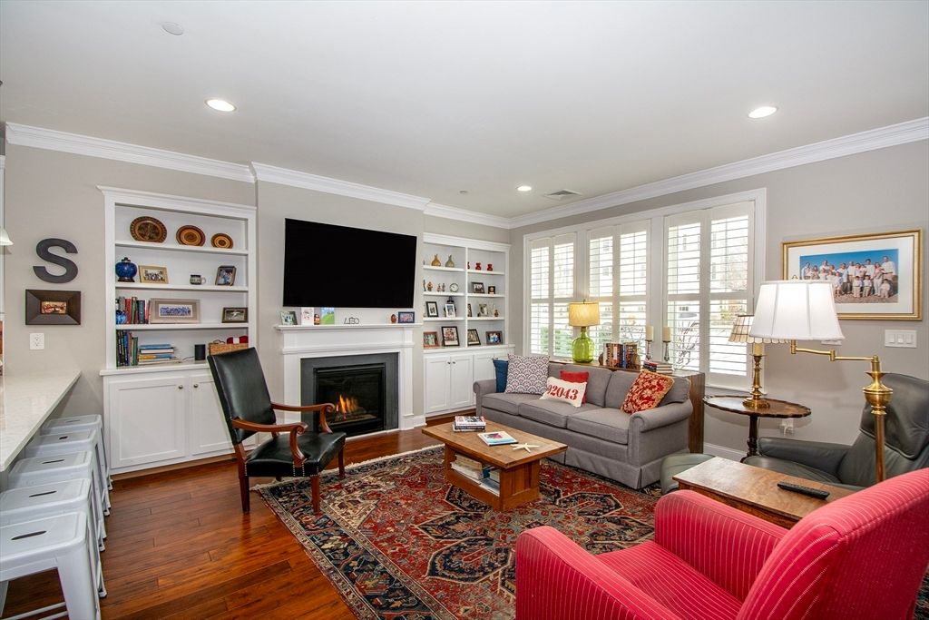 Fireplace, Interior, Living room, Recessed Lighting, Wood Texture Flooring