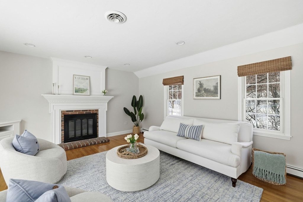 Fireplace, Interior, Living room, Recessed Lighting, Wood Texture Flooring