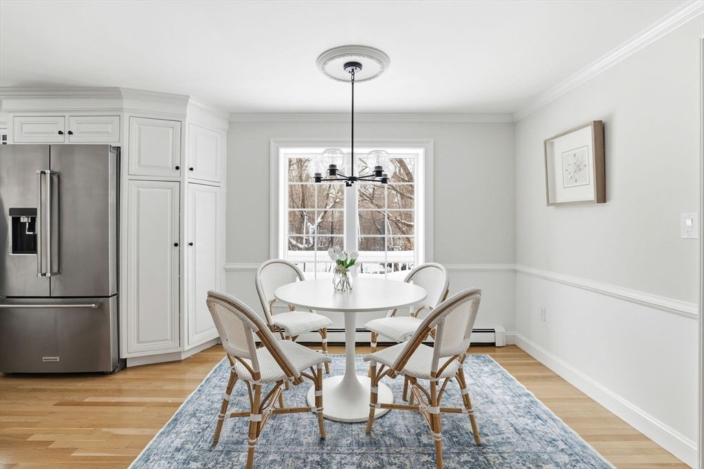 Dining room, Interior, Kitchen, Pendant Lights, Stainless Steel Appliances, Wood Texture Flooring