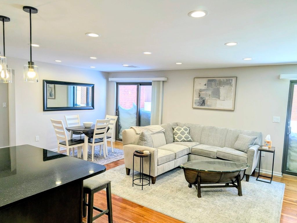 Dining room, Interior, Living room, Pendant Lights, Recessed Lighting, Wood Texture Flooring