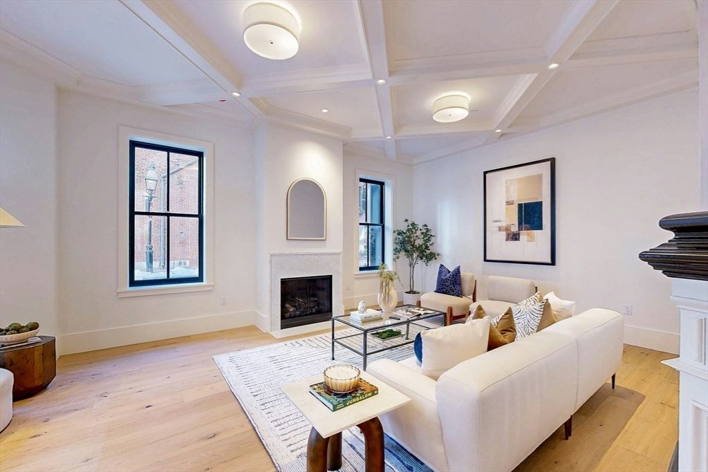 Fireplace, Interior, Living room, Recessed Lighting, Wood Texture Flooring