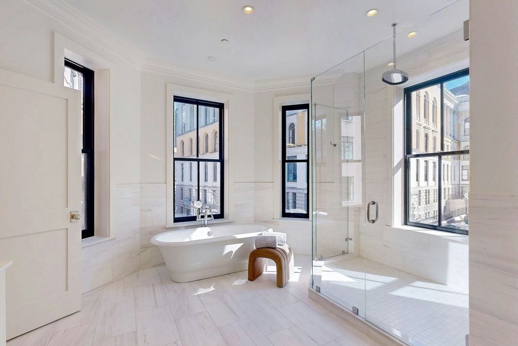 Bathroom, Free Standing Baths, Glass Shower, Interior, Marble, Recessed Lighting