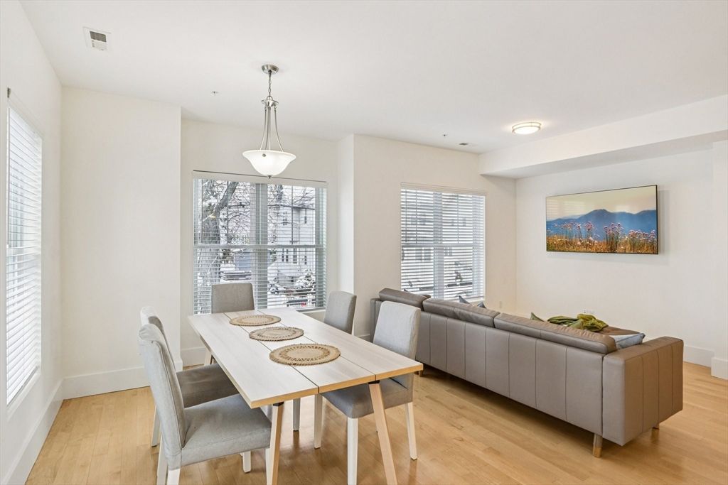 Dining room, Interior, Living room, Pendant Lights, Wood Texture Flooring
