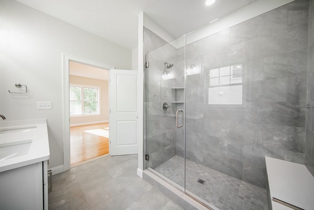 Bathroom, Glass Shower, Interior, Recessed Lighting, Wood Texture Flooring