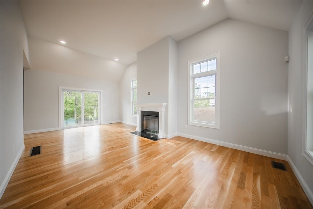 Empty room, Fireplace, Interior, Recessed Lighting, Wood Texture Flooring