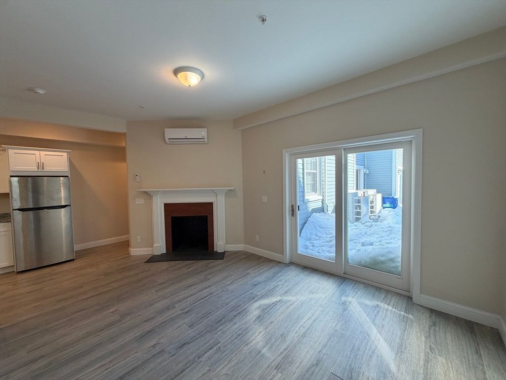 Empty room, Fireplace, Interior, Kitchen, Wood Texture Flooring