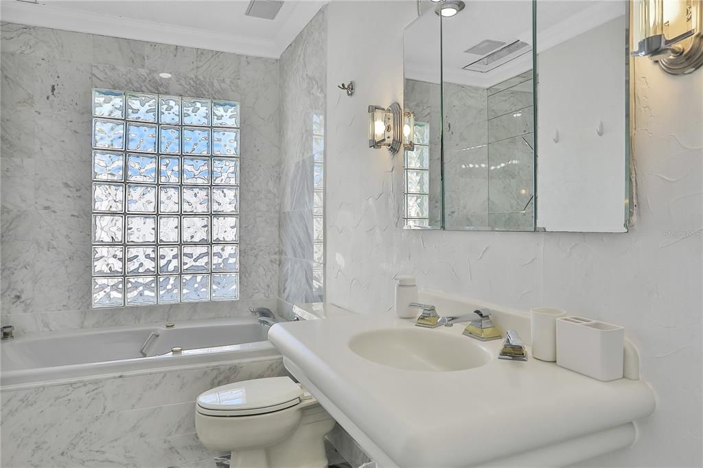Interior, Bathroom, Recessed Lighting, Glass Shower, Marble, Marble Walls