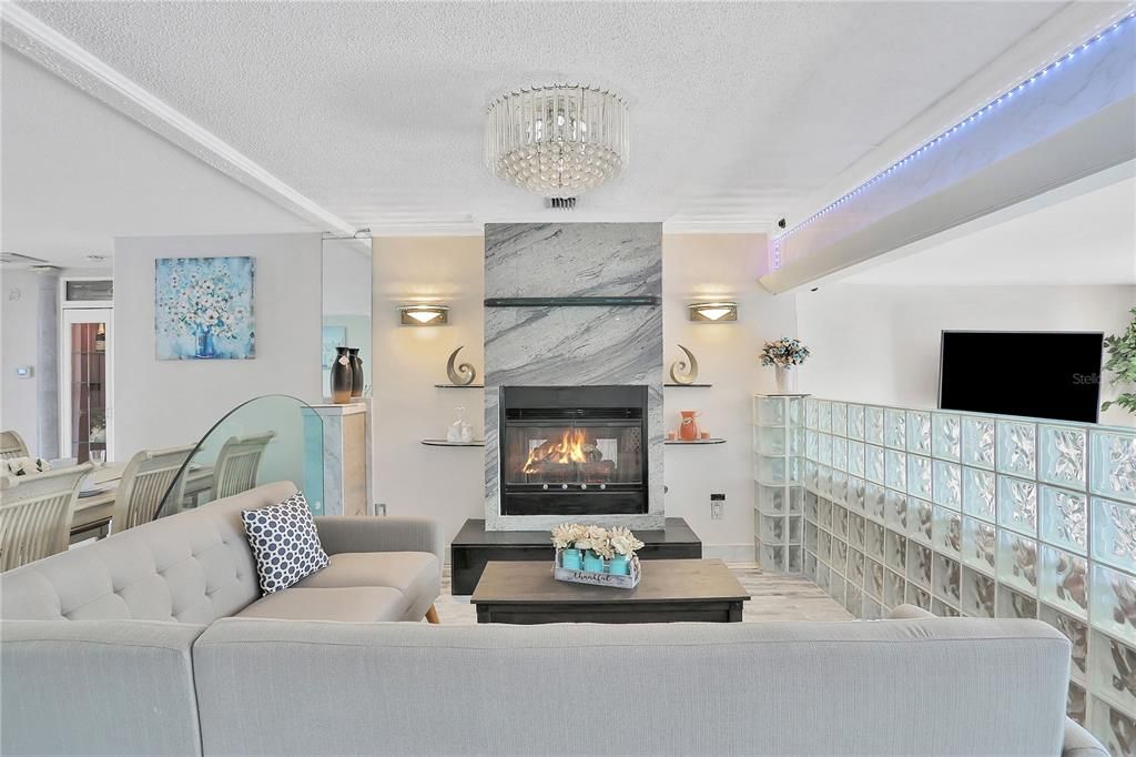 Interior, Wood Texture Flooring, Recessed Lighting, Living room, Fireplace, Chandelier