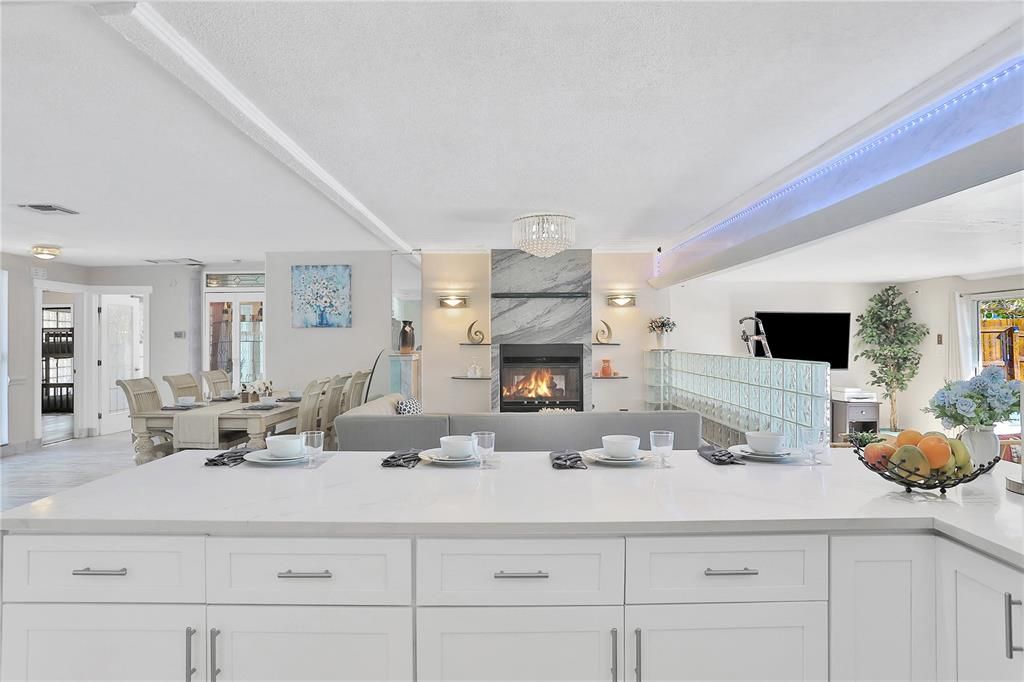 Interior, Wood Texture Flooring, Recessed Lighting, Living room, Fireplace, Chandelier