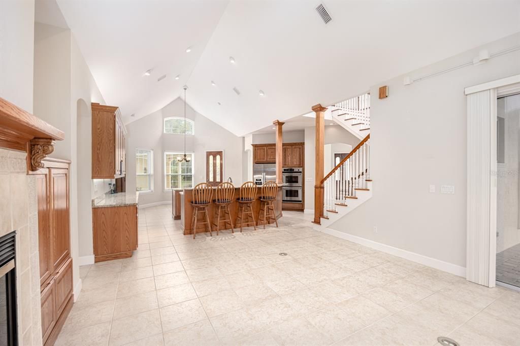 Fireplace, Interior, Kitchen, Recessed Lighting, Stainless Steel Appliances
