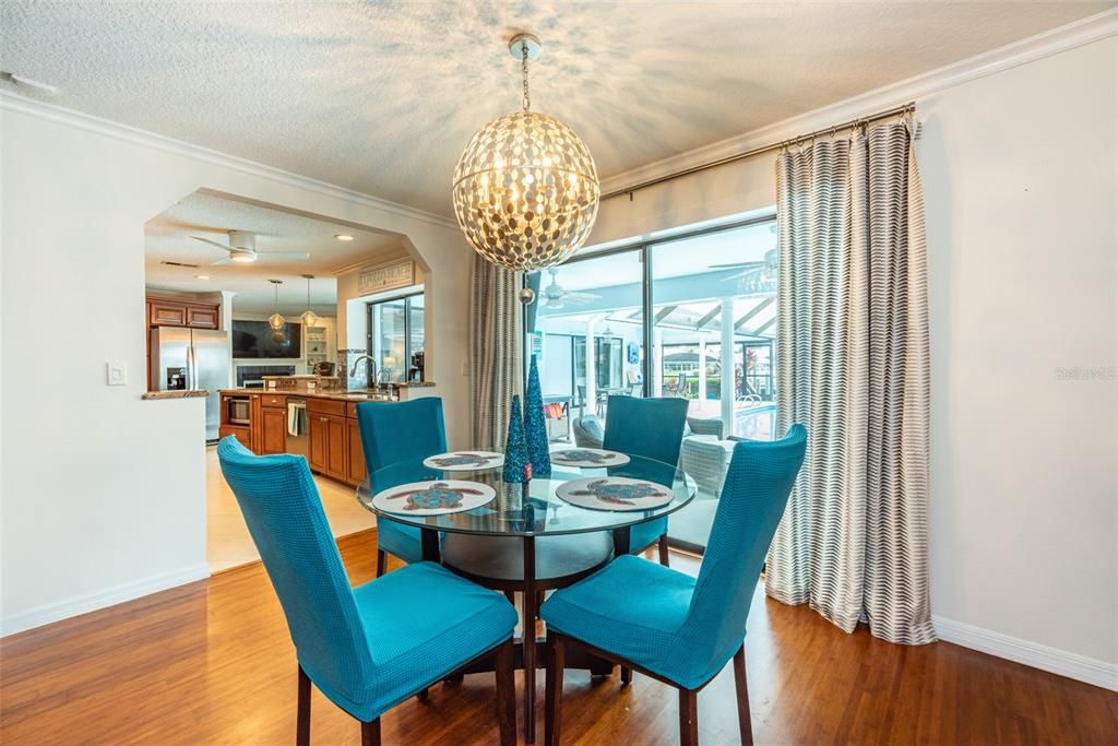 Dining room, Interior, Kitchen, Recessed Lighting, Wood Texture Flooring