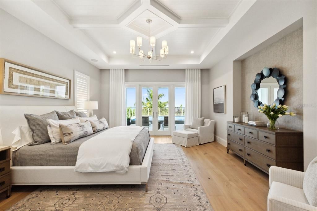 Bedroom, Chandelier, Interior, Pendant Lights, Recessed Lighting, Wood Texture Flooring