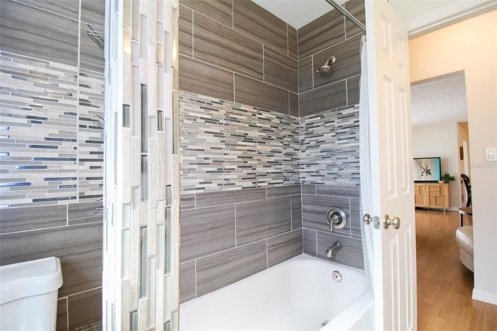 Interior, Bathroom, Wood Texture Flooring, Glass Shower, Ceramic Tile, Wooden Walls