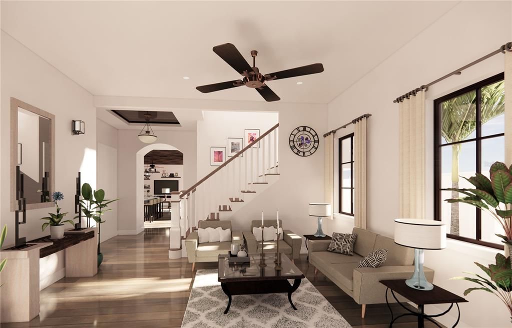 Interior, Living room, Pendant Lights, Recessed Lighting, Wood Texture Flooring