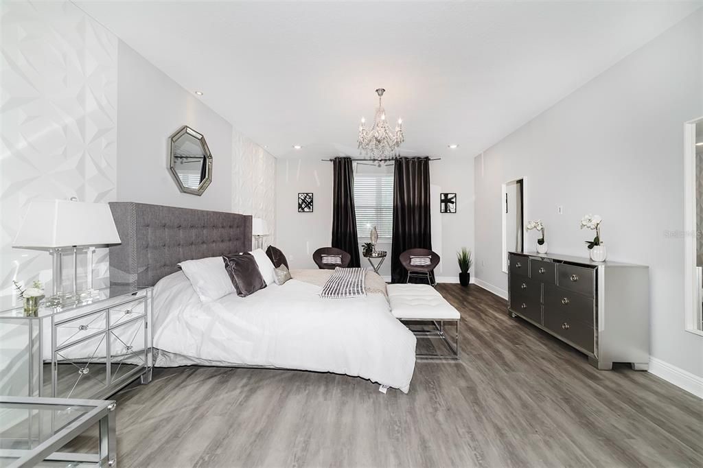 Bedroom, Chandelier, Interior, Recessed Lighting, Wood Texture Flooring