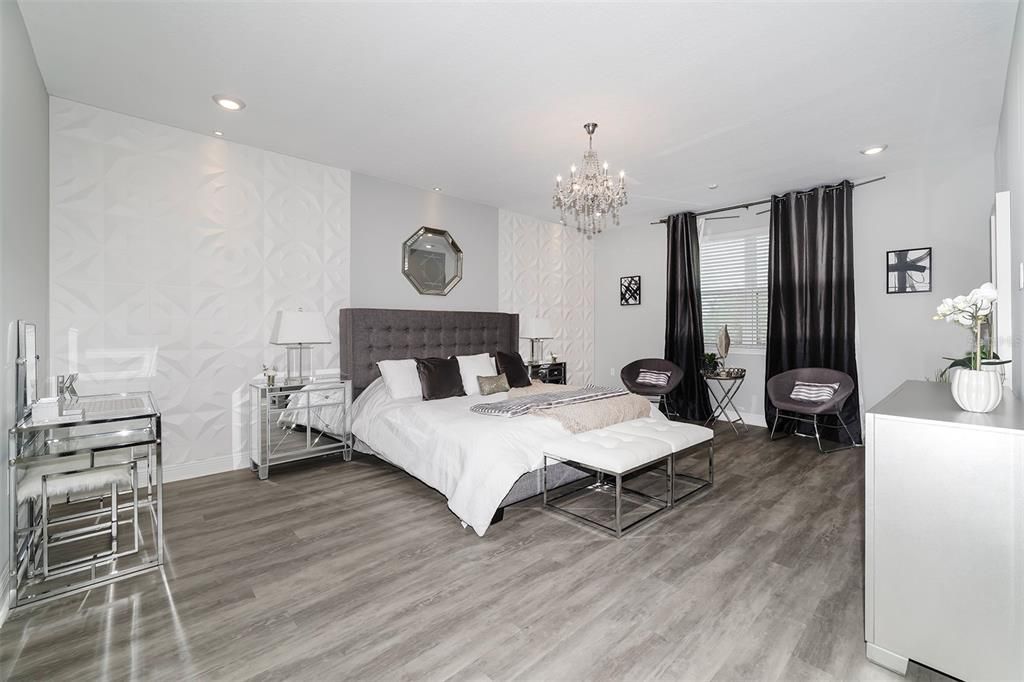 Bedroom, Chandelier, Interior, Recessed Lighting, Wood Texture Flooring