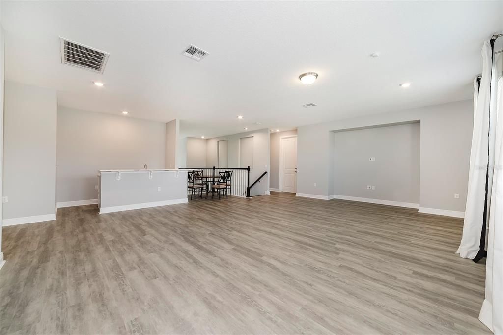 Dining room, Empty room, Interior, Recessed Lighting, Wood Texture Flooring