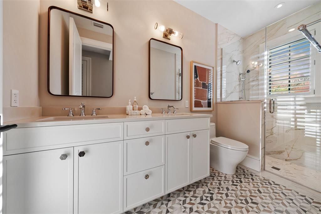 Bathroom, Dual Sink Vanities, Glass Shower, Interior, Marble Walls