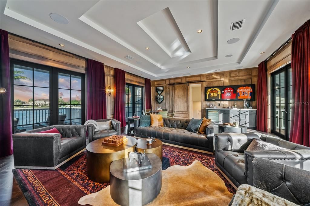 Interior, Living room, Recessed Lighting, Wood Texture Flooring, Wooden Walls