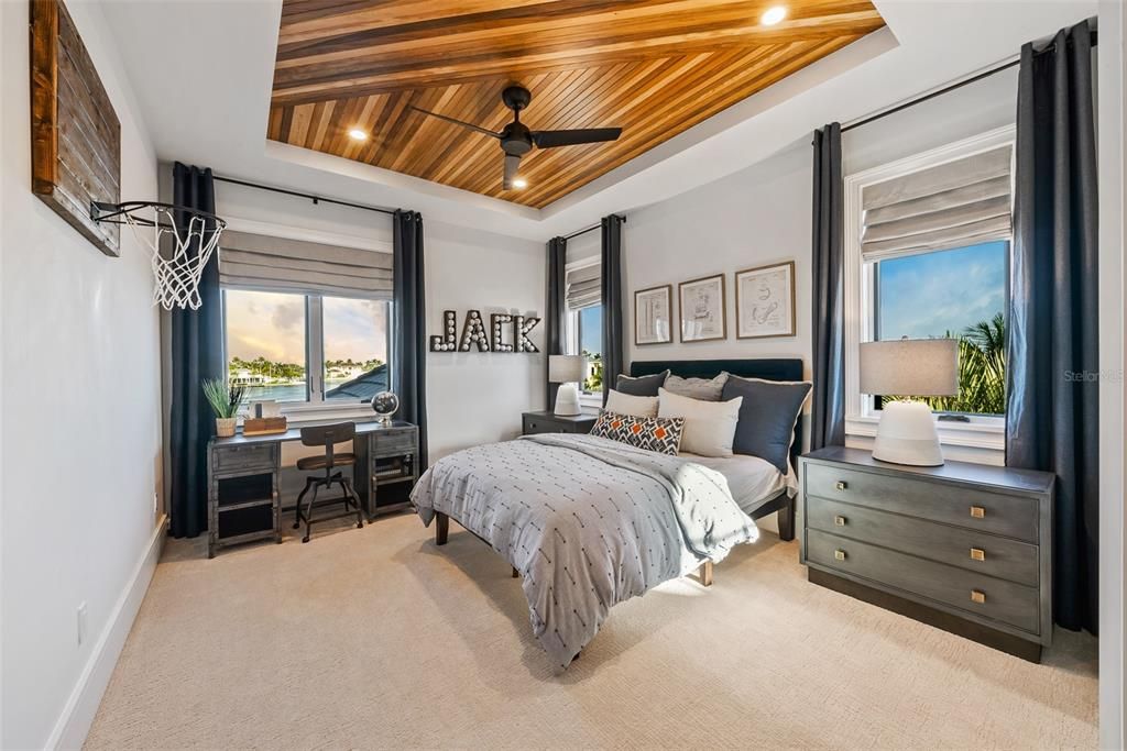 Bedroom, Interior, Recessed Lighting, Water, Wooden Ceilings