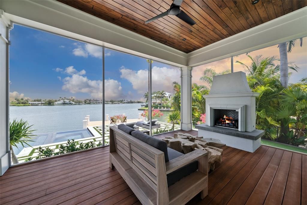 Fireplace, Interior, Sun Room, Water, Wooden Ceilings, Wood Texture Flooring