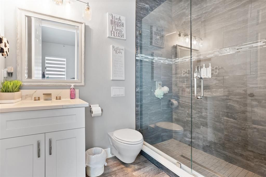 Bathroom, Glass Shower, Interior, Wood Texture Flooring