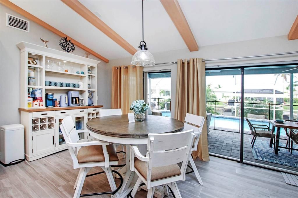 Dining room, Interior, Pendant Lights, Wood Texture Flooring