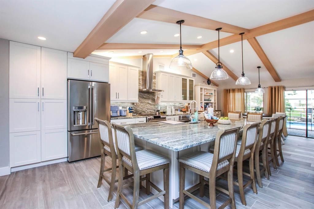 Interior, Kitchen, Pendant Lights, Recessed Lighting, Stainless Steel Appliances, Wooden Beams, Wood Texture Flooring