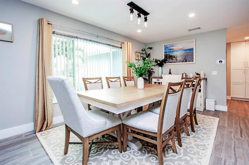 Dining room, Interior, Recessed Lighting, Wood Texture Flooring