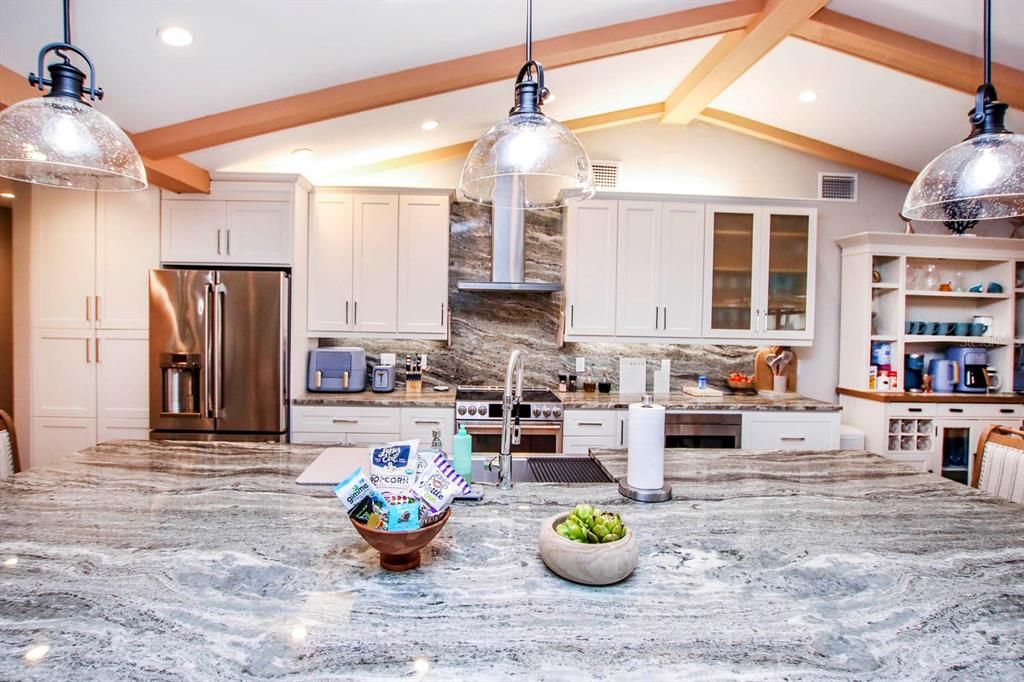 Interior, Kitchen, Pendant Lights, Recessed Lighting, Stainless Steel Appliances, Wooden Beams