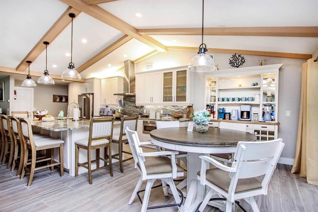 Dining room, Interior, Kitchen, Pendant Lights, Recessed Lighting, Wooden Beams, Wood Texture Flooring