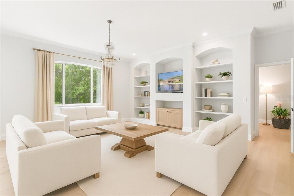 Chandelier, Interior, Living room, Recessed Lighting, Wood Texture Flooring