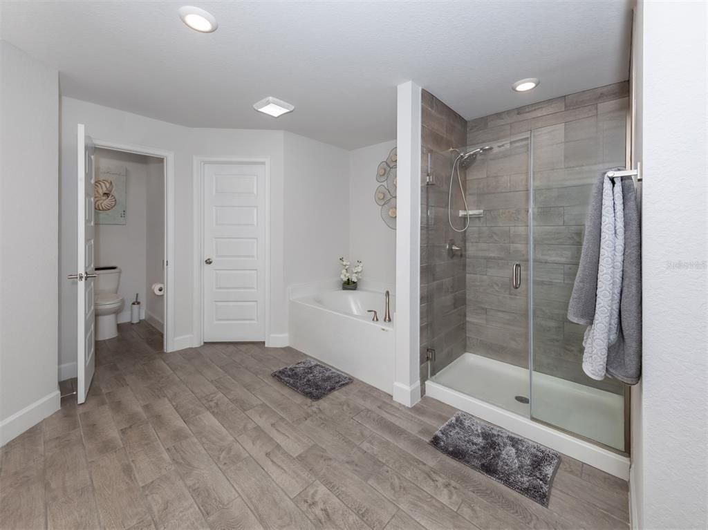 Bathroom, Glass Shower, Interior, Recessed Lighting, Wood Texture Flooring
