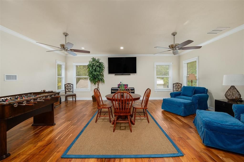Dining room, Game Room, Interior, Recessed Lighting, Wood Texture Flooring