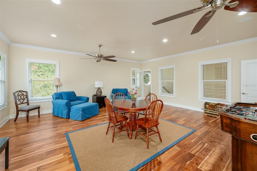Dining room, Game Room, Interior, Recessed Lighting, Wood Texture Flooring