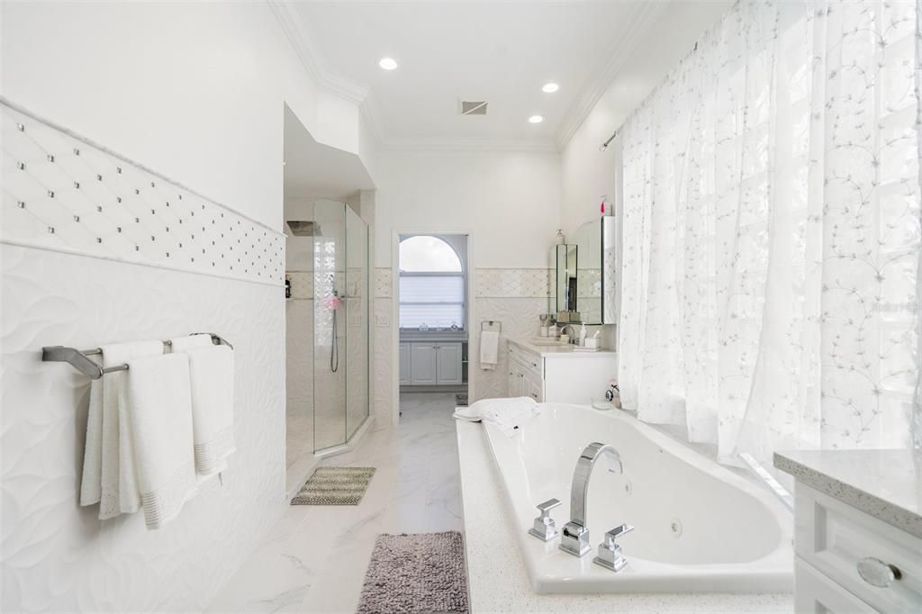 Bathroom, Glass Shower, Interior, Marble, Recessed Lighting