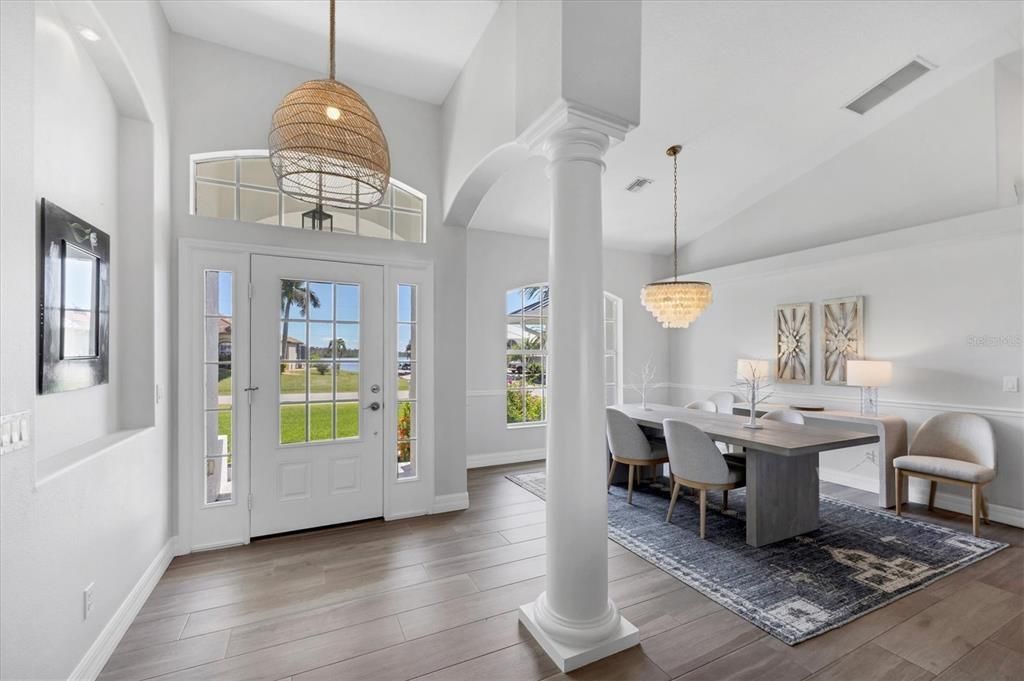 Chandelier, Dining room, Interior, Pendant Lights, Wood Texture Flooring
