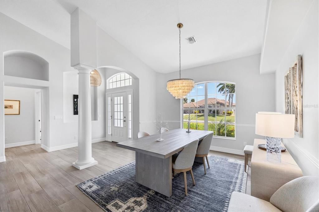 Chandelier, Dining room, Interior, Pendant Lights, Wood Texture Flooring