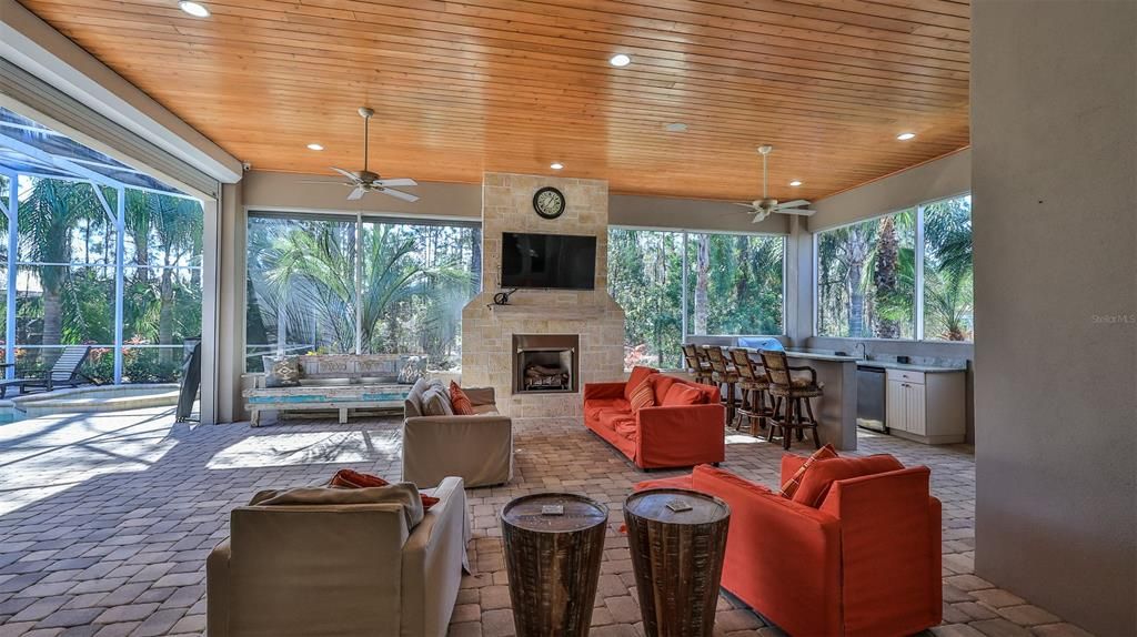 Dining room, Fireplace, Interior, Living room, Recessed Lighting, Wooden Ceilings