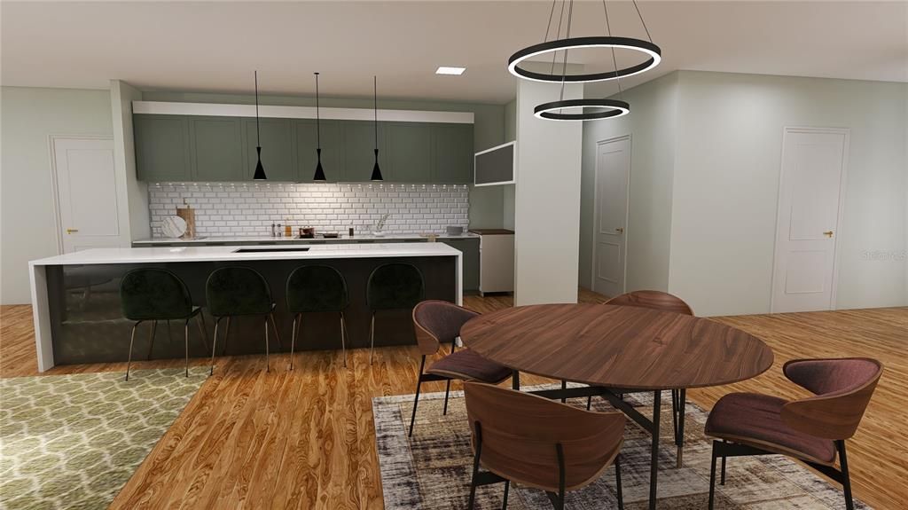 Dining room, Interior, Kitchen, Pendant Lights, Recessed Lighting, Wood Texture Flooring