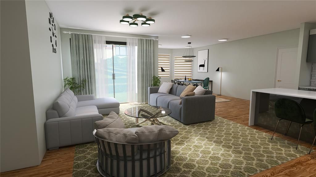 Interior, Living room, Pendant Lights, Recessed Lighting, Wood Texture Flooring