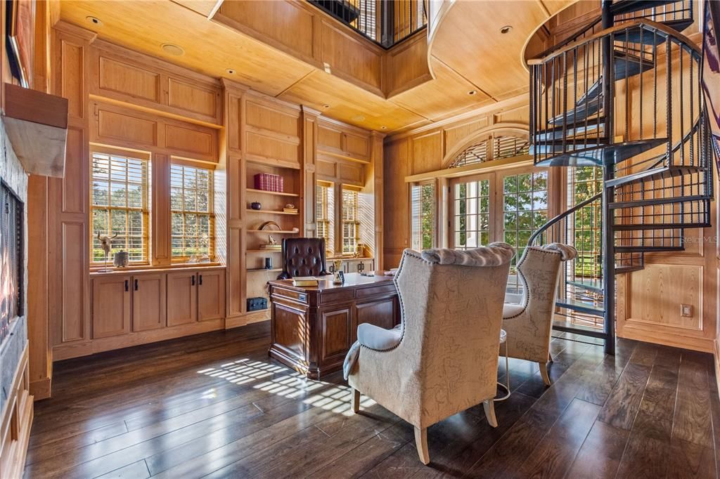 Fireplace, Home Office, Interior, Recessed Lighting, Wooden Ceilings, Wood Texture Flooring, Wooden Walls