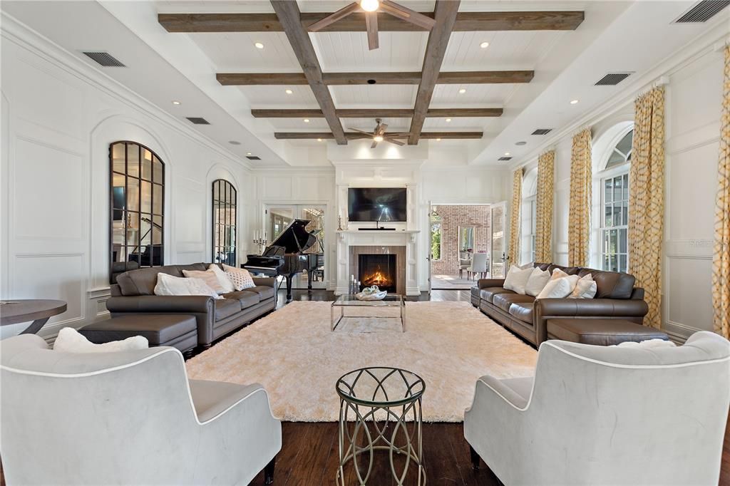 Fireplace, Interior, Living room, Piano, Recessed Lighting, Wooden Beams, Wood Texture Flooring