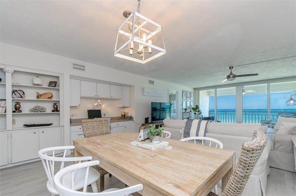 Dining room, Interior, Living room, Pendant Lights, Water, Wood Texture Flooring